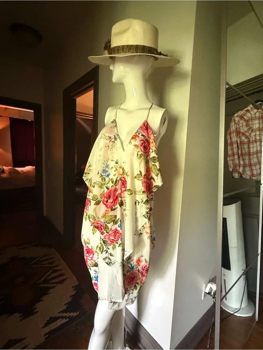 Vizio Cream Floral Slip Dress with Pink Rose Print